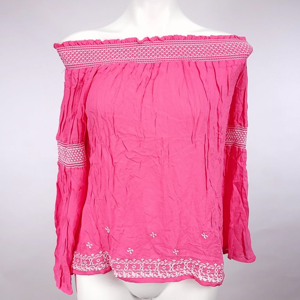 Rampage Womens Pink Off Shoulder Embroidered‎ Boho Blouse Small NWT
